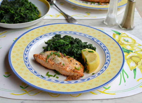 Parmesan & Chive Salmon with Garlic & Nutmeg Spinach